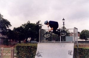 BMX rider on a ramp at the Skate Park